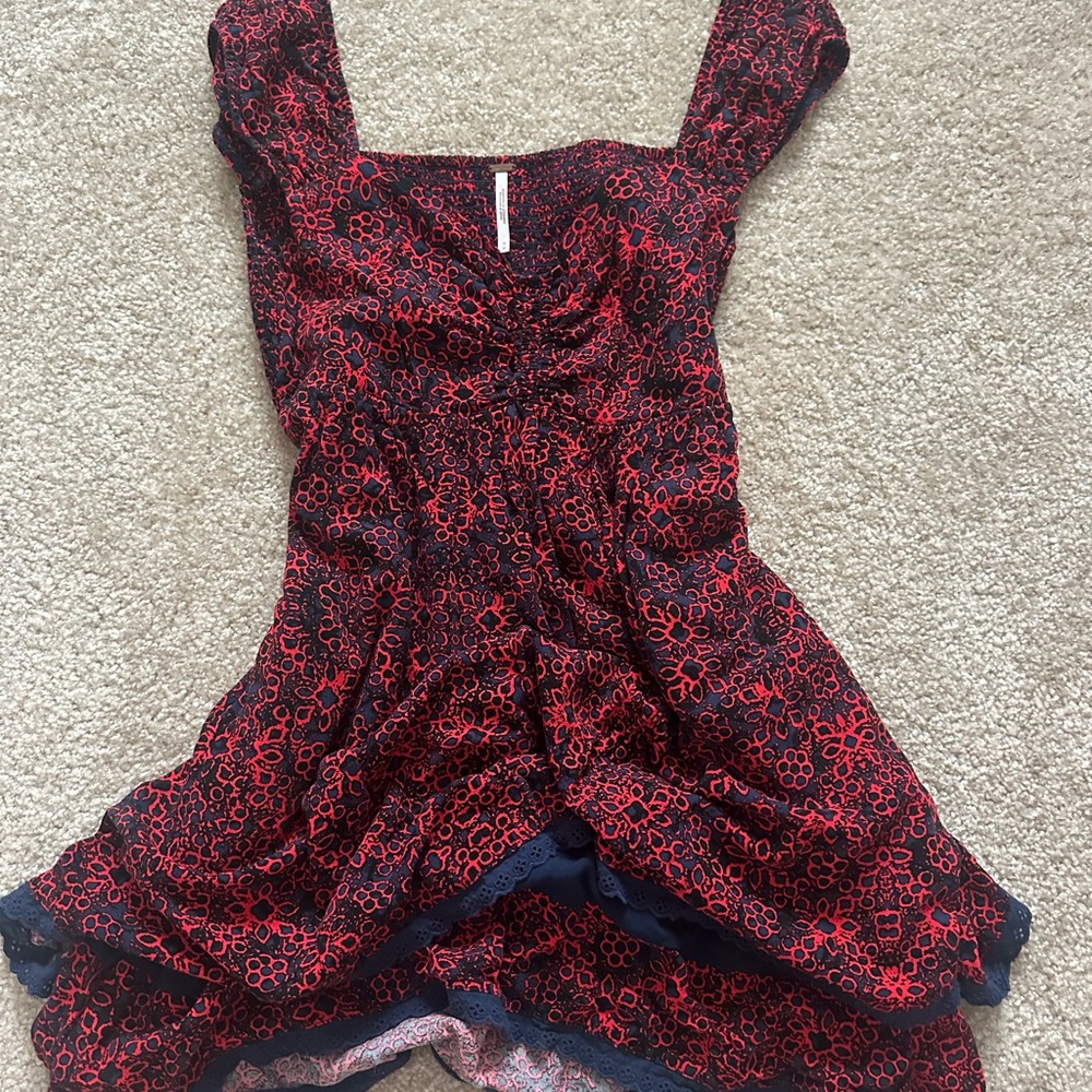 Free People Black/Red Floral Lace Mini Dress